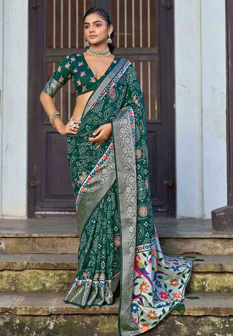green color silk blend blended traditional bandhani ajrakh printed saree