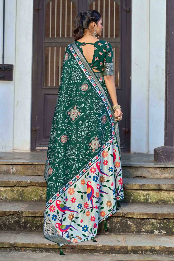 green color silk blend blended traditional bandhani ajrakh printed saree
