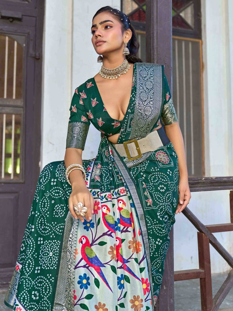 green color silk blend blended traditional bandhani ajrakh printed saree