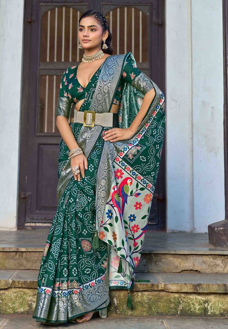 green color silk blend blended traditional bandhani ajrakh printed saree