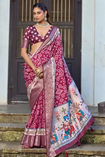 maroon color silk blend blended traditional bandhani ajrakh printed saree