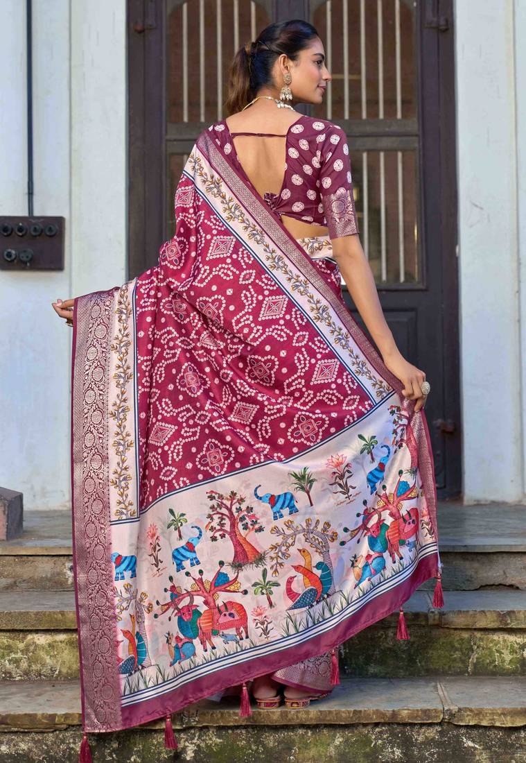 maroon color silk blend blended traditional bandhani ajrakh printed saree
