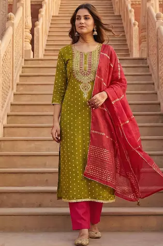 Mehendi green shimmer jacquard salwar suit dress material