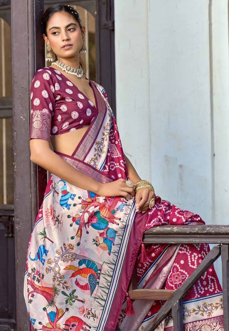 maroon color silk blend blended traditional bandhani ajrakh printed saree