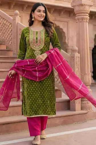 Green shimmer jacquard salwar suit dress material