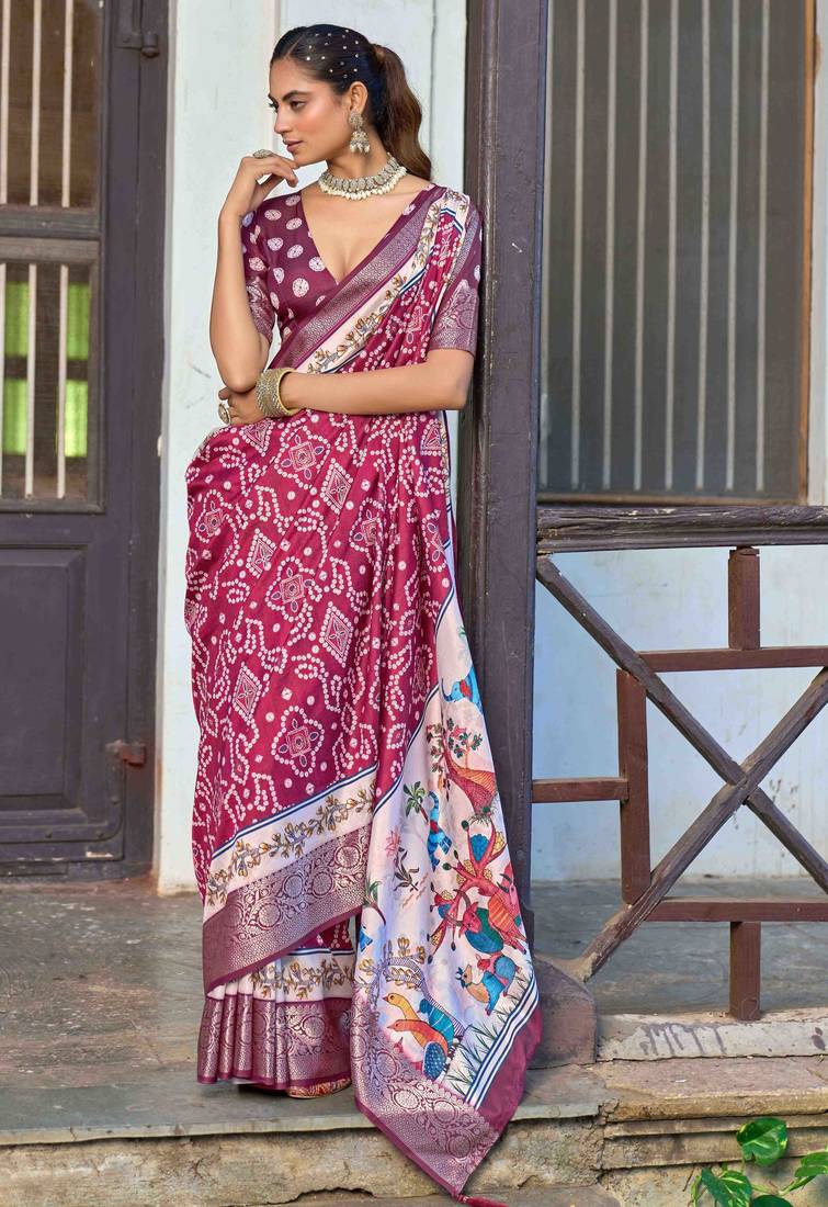 maroon color silk blend blended traditional bandhani ajrakh printed saree