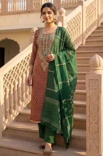 Brown shimmer jacquard salwar suit dress material