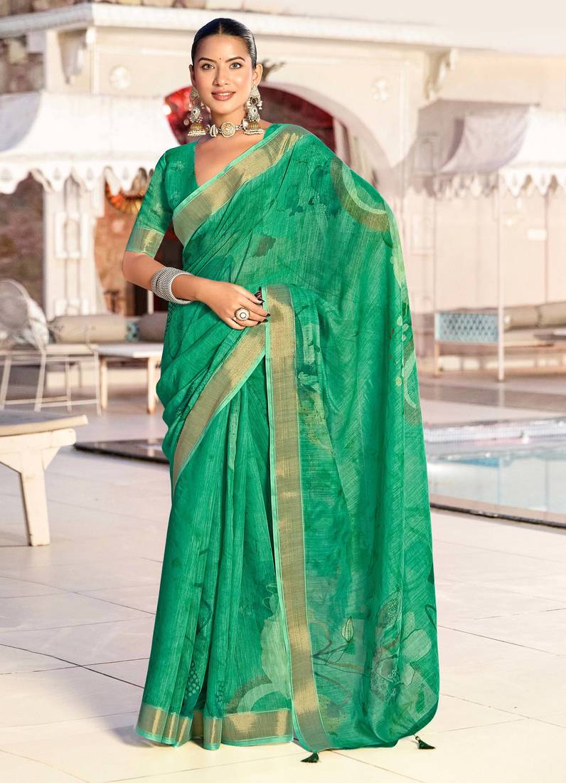 green color beautiful linen art silk fabric saree with sophisticated partywear saree