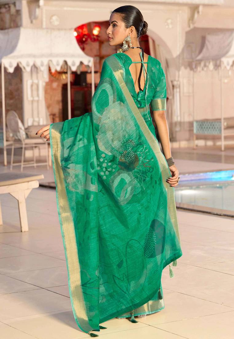green color beautiful linen art silk fabric saree with sophisticated partywear saree