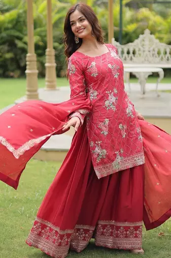 Maroon Chinnon Embroidered Kurta Set for Women with Sequins Work & Matching Dupatta