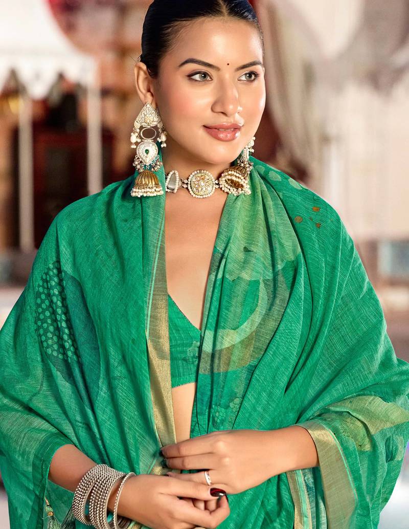 green color beautiful linen art silk fabric saree with sophisticated partywear saree