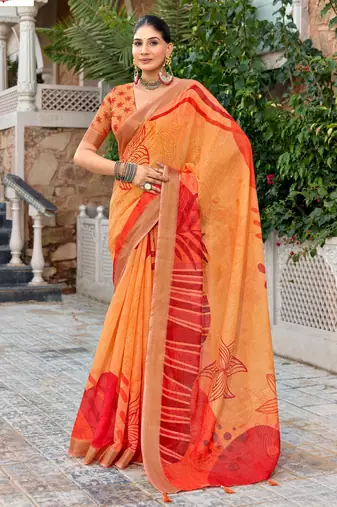 orange color beautiful linen art silk fabric saree with sophisticated partywear saree