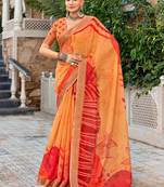 orange color beautiful linen art silk fabric saree with sophisticated partywear saree