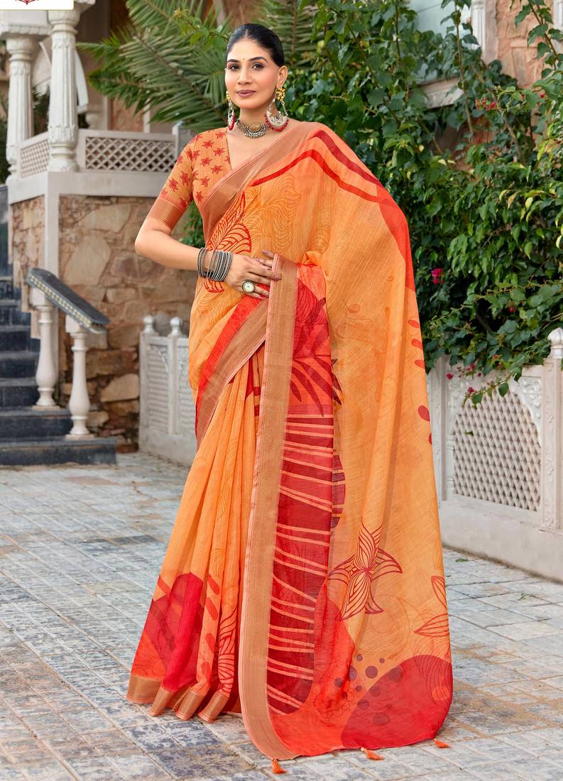 orange color beautiful linen art silk fabric saree with sophisticated partywear saree
