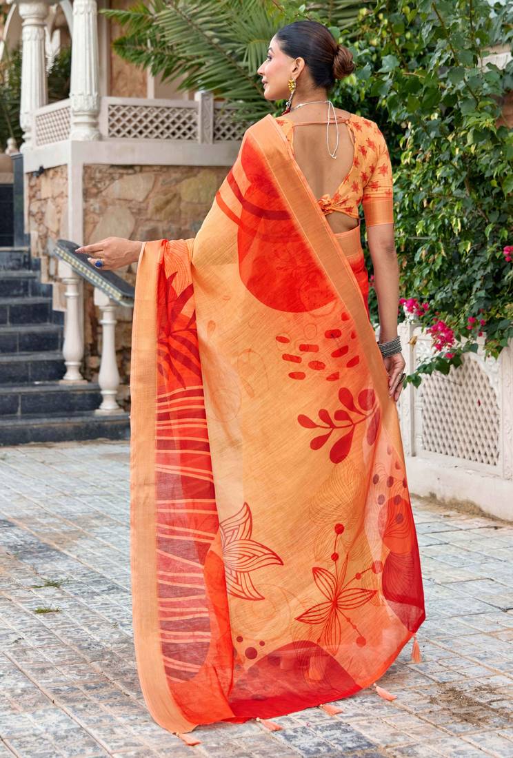 orange color beautiful linen art silk fabric saree with sophisticated partywear saree