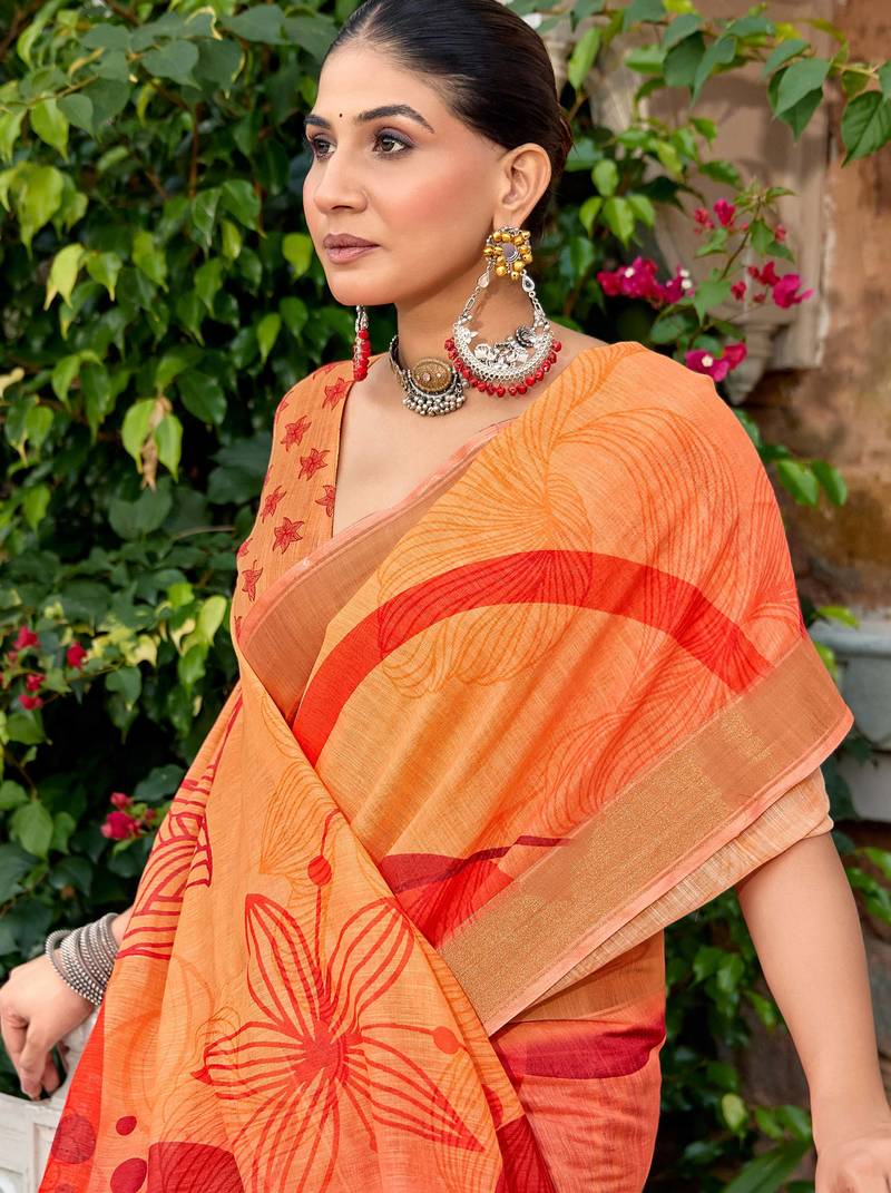 orange color beautiful linen art silk fabric saree with sophisticated partywear saree