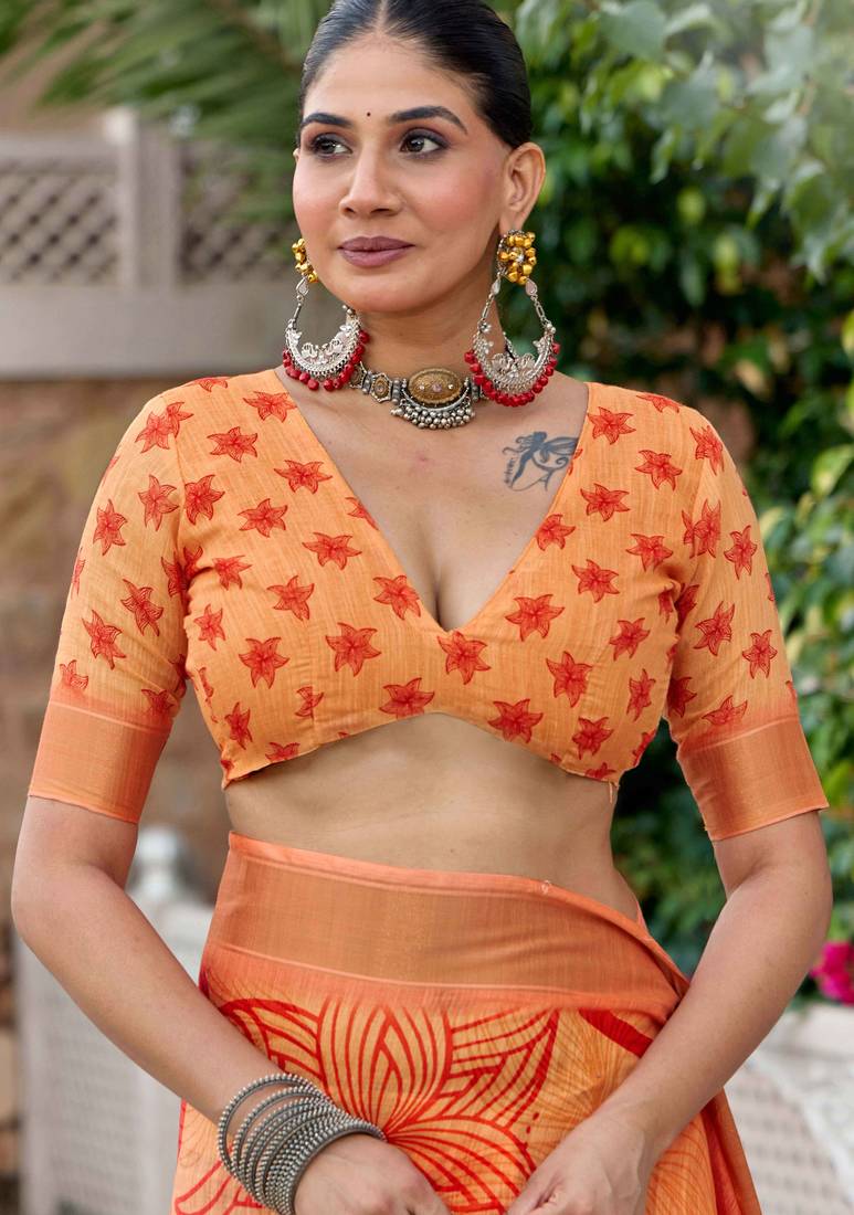 orange color beautiful linen art silk fabric saree with sophisticated partywear saree