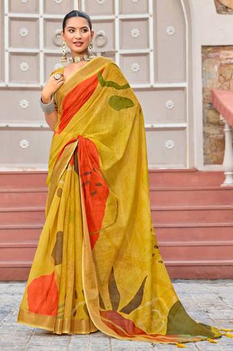 yellow color beautiful linen art silk fabric saree with sophisticated partywear saree