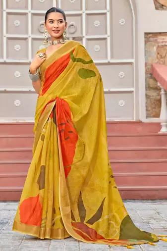 yellow color beautiful linen art silk fabric saree with sophisticated partywear saree