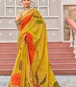 yellow color beautiful linen art silk fabric saree with sophisticated partywear saree