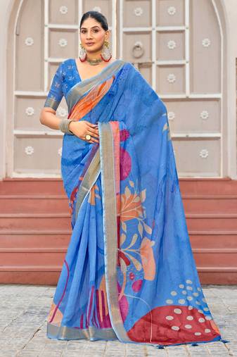 blue color beautiful linen art silk fabric saree with sophisticated partywear saree