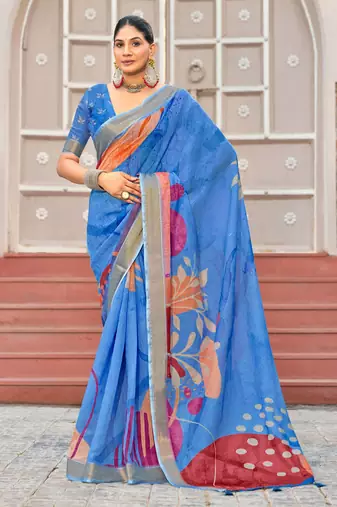 blue color beautiful linen art silk fabric saree with sophisticated partywear saree