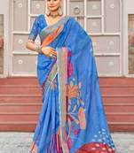 blue color beautiful linen art silk fabric saree with sophisticated partywear saree