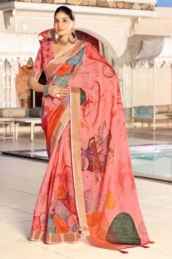 peach color beautiful linen art silk fabric saree with sophisticated partywear saree
