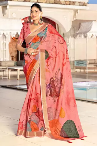 peach color beautiful linen art silk fabric saree with sophisticated partywear saree