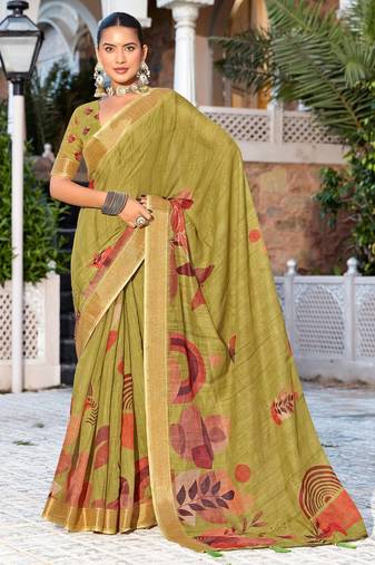 olive green color beautiful linen art silk fabric saree with sophisticated partywear saree