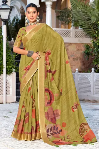 olive green color beautiful linen art silk fabric saree with sophisticated partywear saree