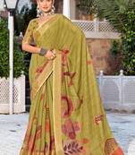 olive green color beautiful linen art silk fabric saree with sophisticated partywear saree