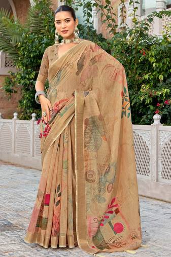 beige color beautiful linen art silk fabric saree with sophisticated partywear saree