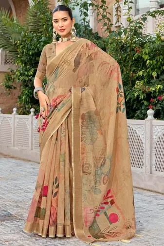 beige color beautiful linen art silk fabric saree with sophisticated partywear saree