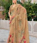 beige color beautiful linen art silk fabric saree with sophisticated partywear saree