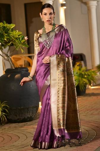 purple color smart khadi raw art silk saree with graceful madhubani style print