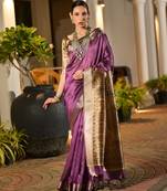 purple color smart khadi raw art silk saree with graceful madhubani style print