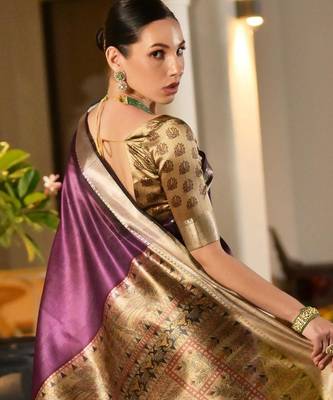 purple smart khadi raw art silk blend saree with graceful madhubani style print 2