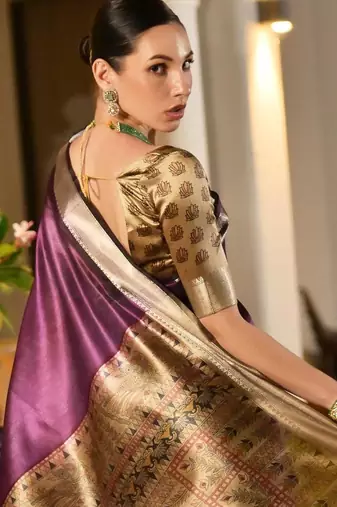 purple smart khadi raw art silk blend saree with graceful madhubani style print