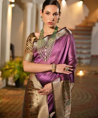 purple smart khadi raw art silk blend saree with graceful madhubani style print 3