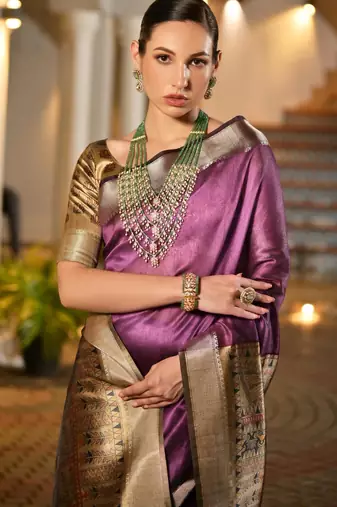 purple smart khadi raw art silk blend saree with graceful madhubani style print