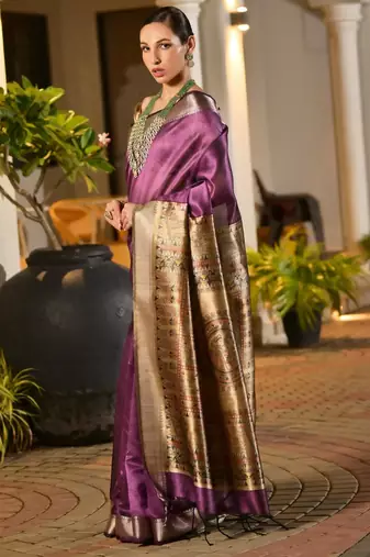 purple smart khadi raw art silk blend saree with graceful madhubani style print