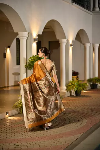mustard smart khadi raw art silk blend saree with graceful madhubani style print