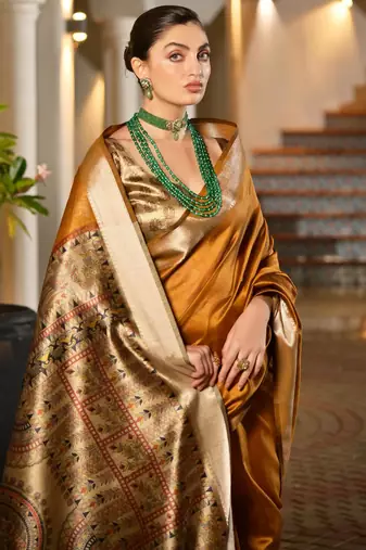 mustard smart khadi raw art silk blend saree with graceful madhubani style print
