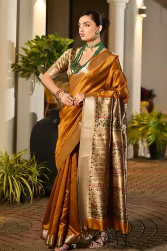 mustard smart khadi raw art silk blend saree with graceful madhubani style print