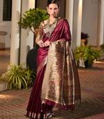 wine color smart khadi raw art silk saree with graceful madhubani style print