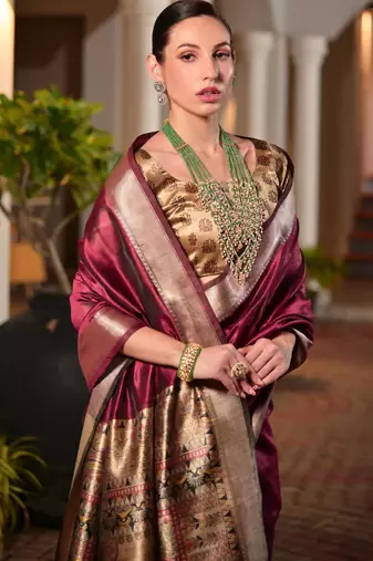 wine smart khadi raw art silk blend saree with graceful madhubani style print