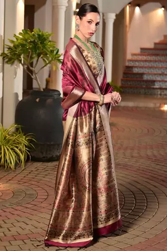 wine smart khadi raw art silk blend saree with graceful madhubani style print
