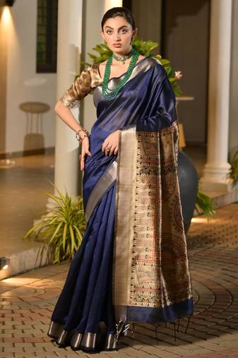 blue color smart khadi raw art silk saree with graceful madhubani style print