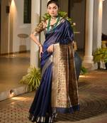 blue smart khadi raw art silk saree with graceful madhubani style print